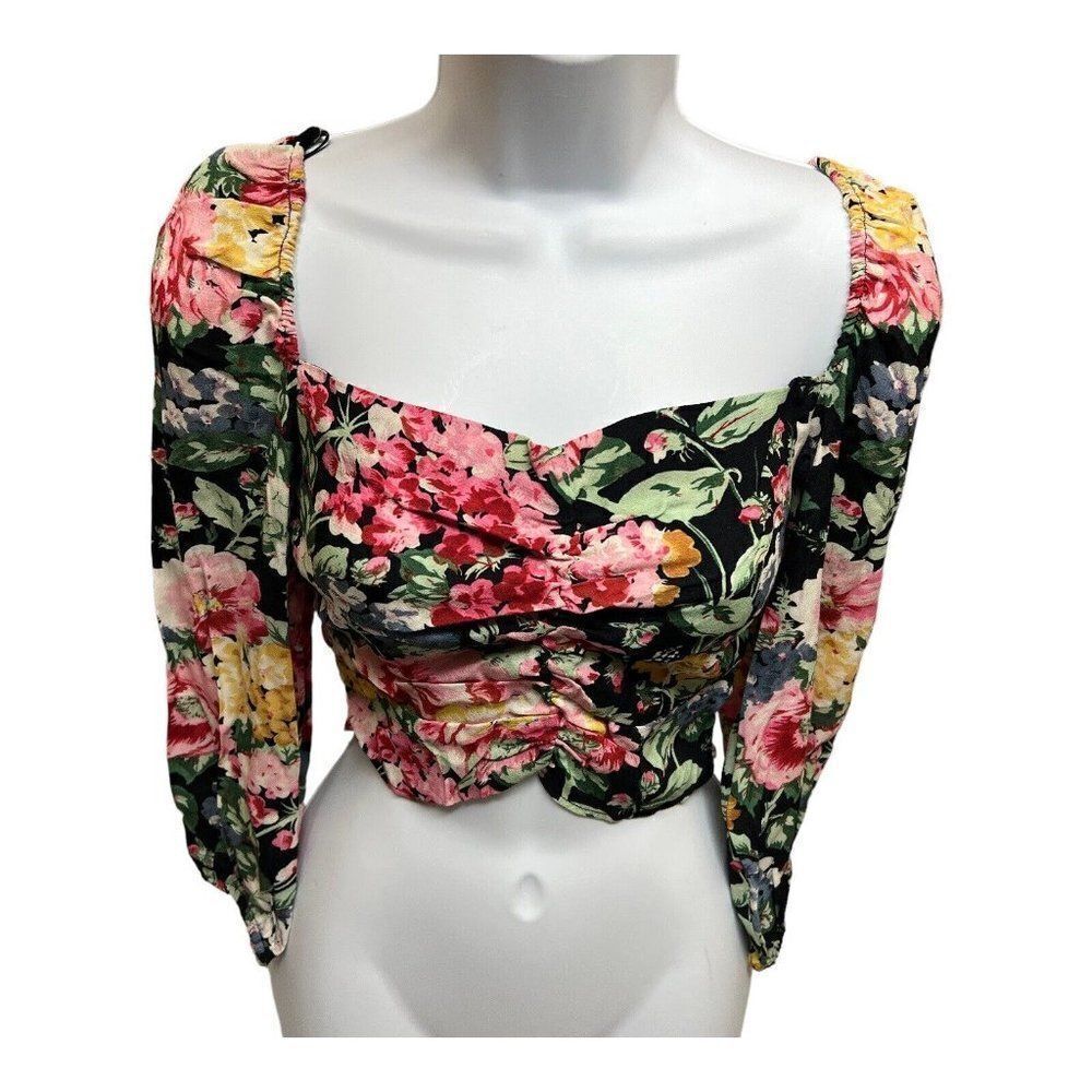 Zara XS‎ The Dora Blouse Floral Crop Top Black Red Yellow Pink Rainbow Summer